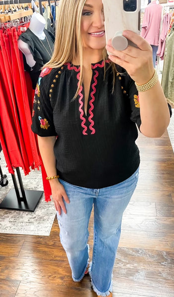 Sammy Black Embroidered Floral Top