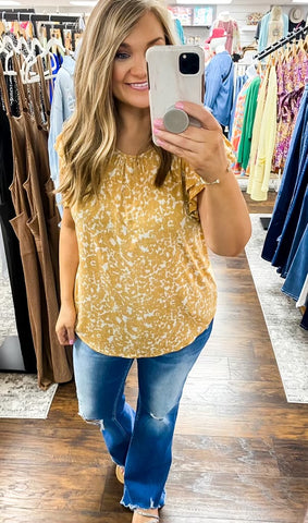 Mustard Abstract Ruffle Sleeve Knit Top