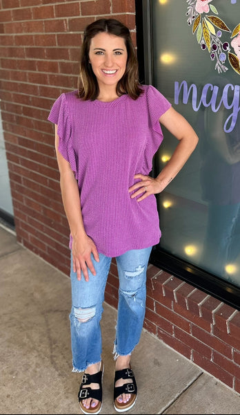 Flirty Ribbed Knit Ruffle Top Purple