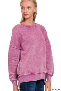 Acid Wash Fleece Hi Lo Hem Sweatshirt Plum