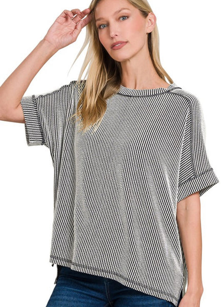 Corded Ribbed Cuffed Sleeve Top Black White