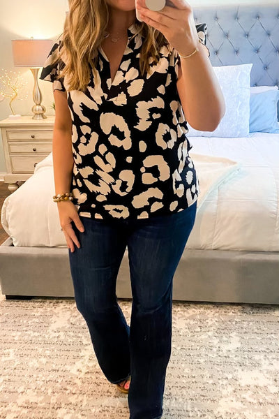 Ivory Black Leopard Split Neck Top