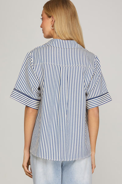Evelyn Blue Stripe Contrast Top