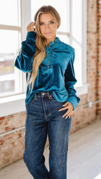 Dark Teal Velvet Ruffle Neck Button Top