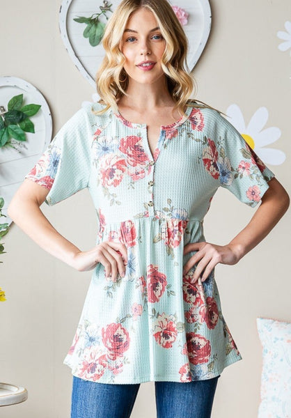 Mint Floral Textured Babydoll Top