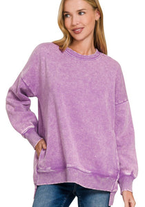 Acid Wash Fleece Hi Lo Hem Sweatshirt Violet