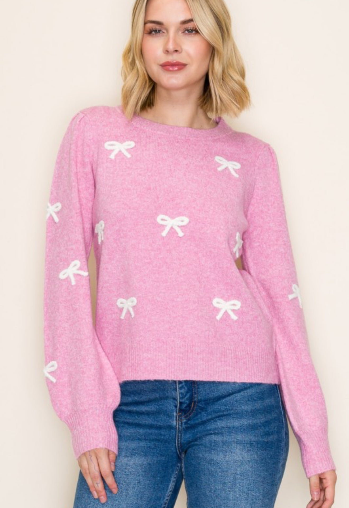 Pink Bow Accent Soft Sweater
