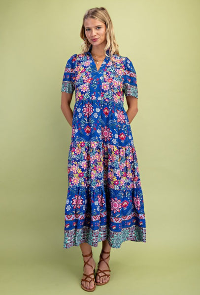 Mixed Print Tiered Dress Cobalt Blue Mix