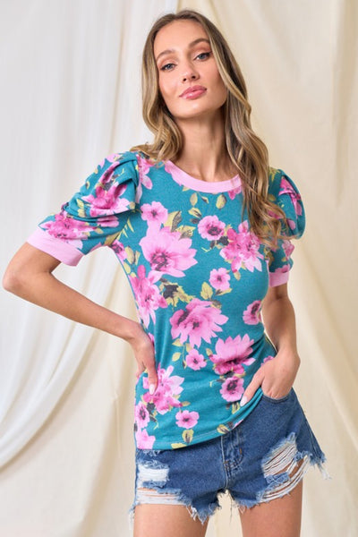 Teal Pink Mix Floral Puff Sleeve Top