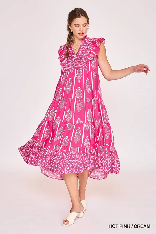 UMGEE Border Print Smocked Maxi Dress Pink Mix