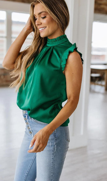 Emerald Mock Neck Frilly Ruffle Top