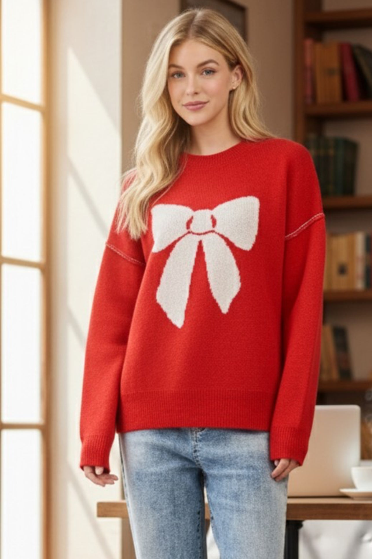 Red Bow Print Sweater