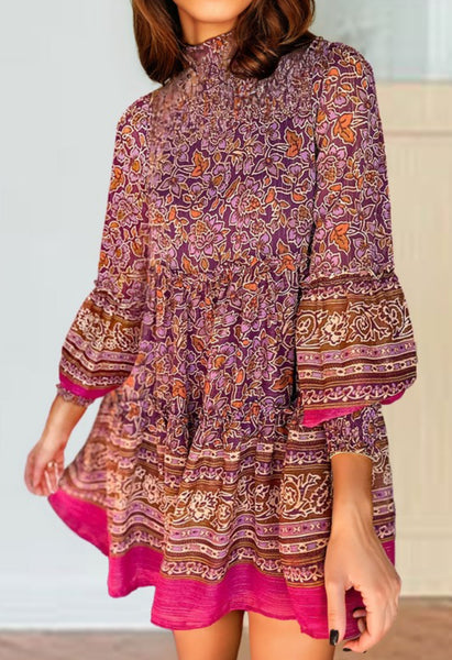 Floral Magenta Gold Boho Dress