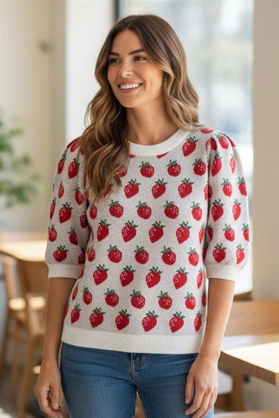 Strawberry Print Knit Sweater Top
