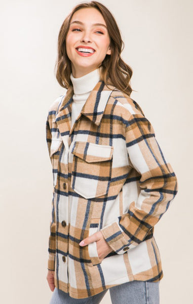 Plaid Button Down Shacket Camel