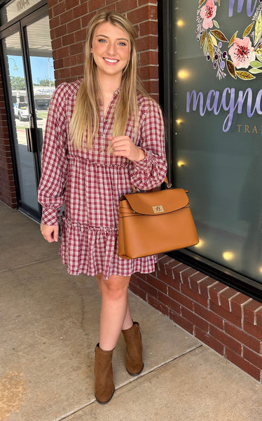 UMGEE Merlot Plaid Ruffle Dress