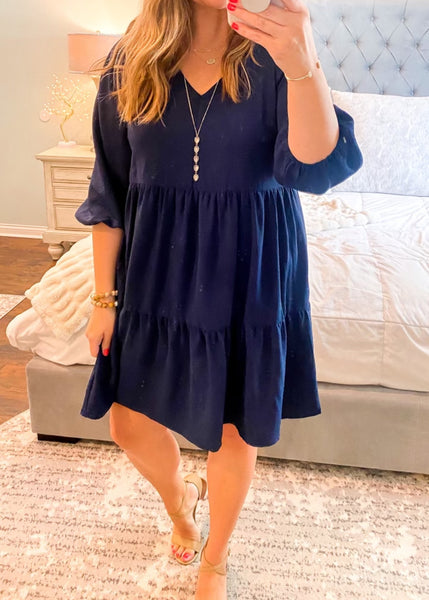 UMGEE V Neck 3/4 Sleeve Tiered Dress Navy