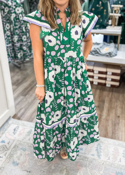 Floral Flutter Sleeve Dress Green Mix