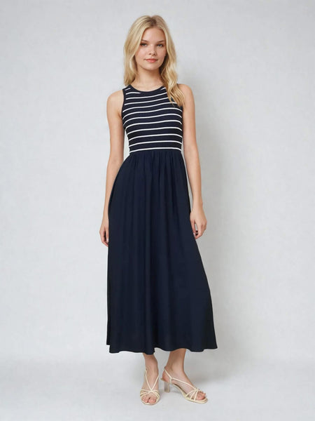Navy Stripe Mixed Media Midi Dress