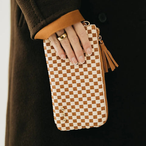 Emma Woven Clutch Wristlet Checker Brown