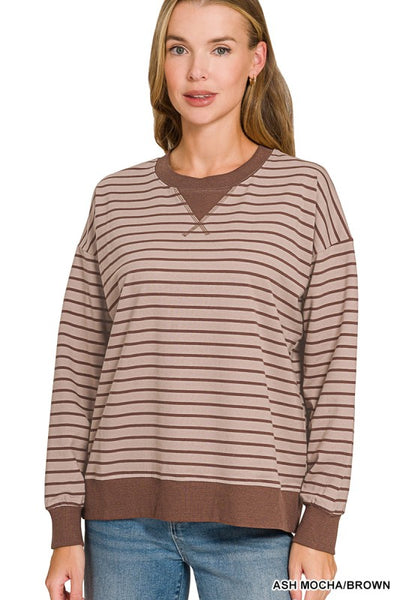 Two Tone Stripe Banded Top Ash Mocha/Brown