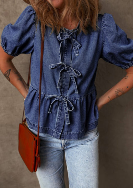 Tie Front Bubble Sleeve Peplum Dark Denim Shirt