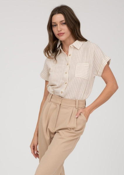 Stripe Collared Linen Blend Button Down Khaki