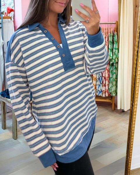 Blue Striped Collared Relaxed Fit Top