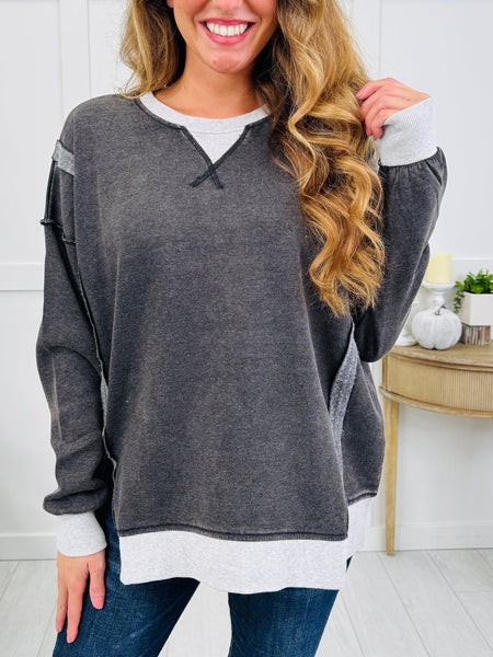 Fleece Washed Contrast Trim Pullover Black