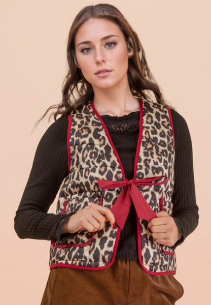 Leopard Red Trim Quilted Vest