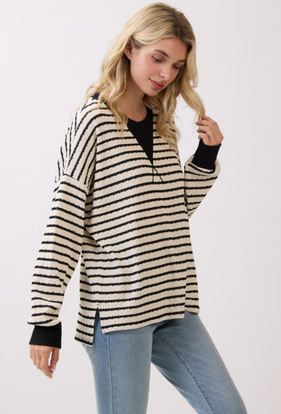 Stripe Knit Pullover Top Black