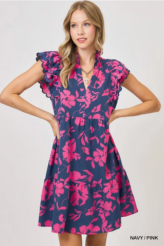 UMGEE Flutter Sleeve Floral Dress Navy Pink Mix