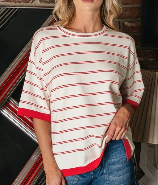 Elbow Sleeve Stripe Sweater Red