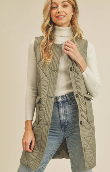 Dusty Green Quilted Long Puffer Vest