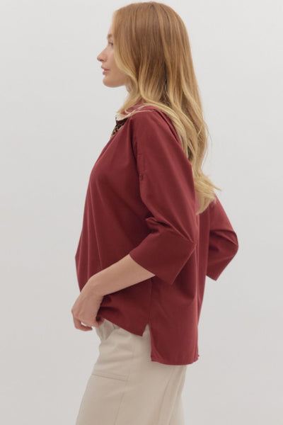 Merlot Leopard & Lace Collared Top