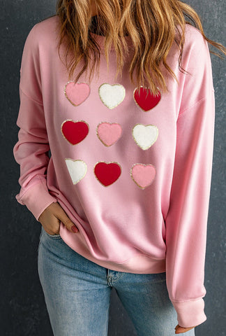 Pink Heart Chenille Embroidered Sweatshirt