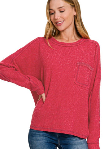 Cozy Ribbed Pocket Sweater Red