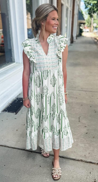 UMGEE Border Print Smocked Maxi Dress Sage Mix