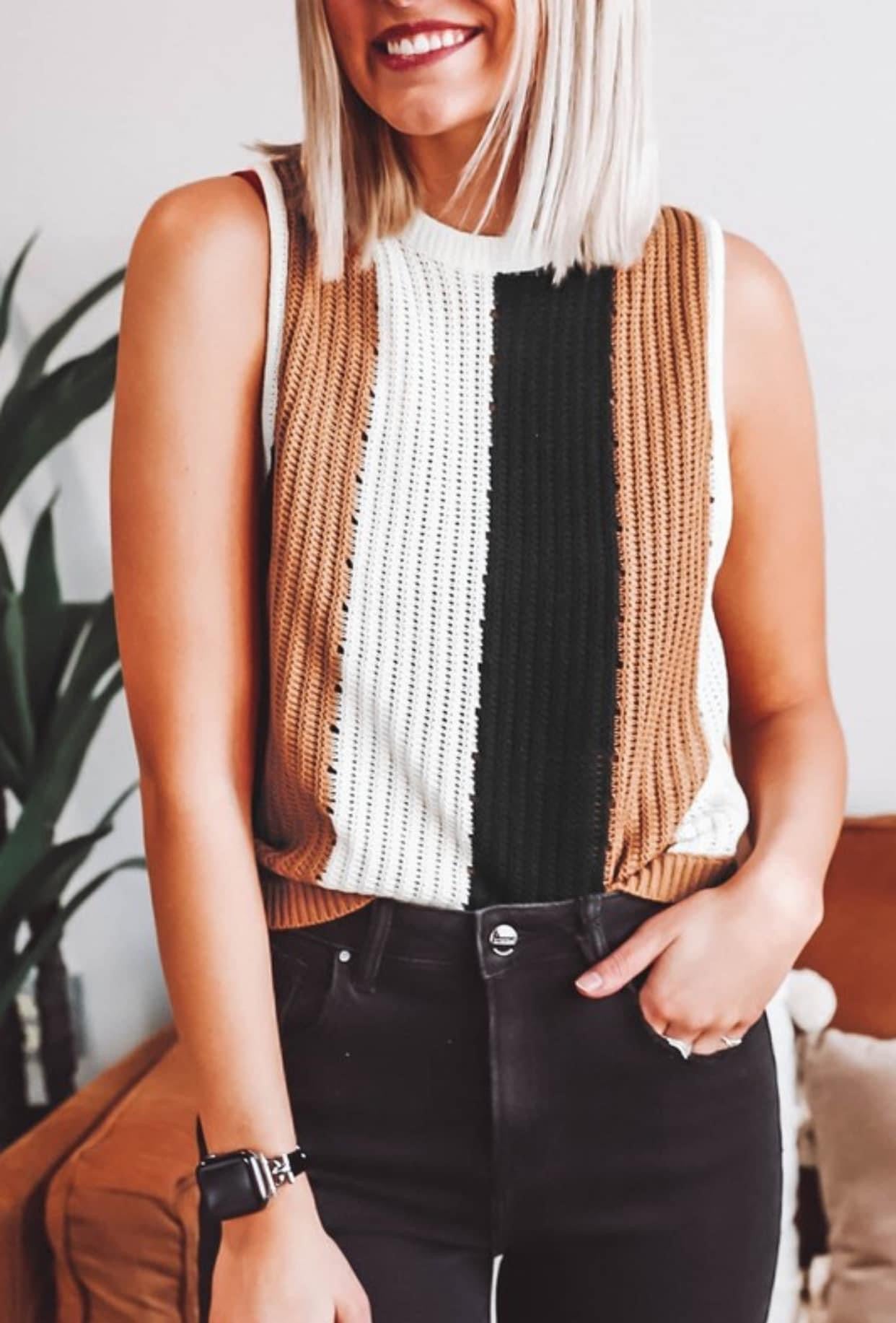 Stripe Color Block Neutral Tone Sweater Top