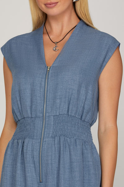 Woven Smocked Waist Jumpsuit Denim Blue