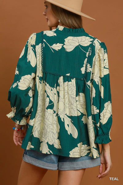UMGEE Hampton Leaf Print Top Teal