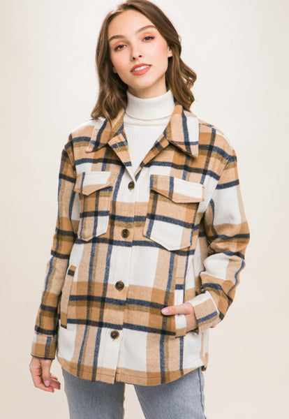 Plaid Button Down Shacket Camel