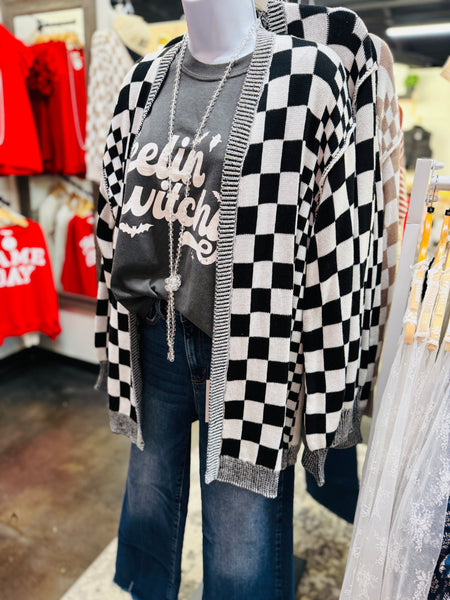 Black Checkered Sweater Cardigan