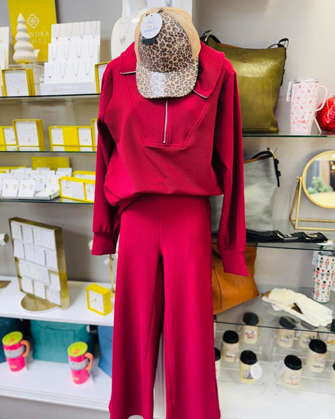 Stay Cozy Ribbed Pullover & Pant SET Dark Red