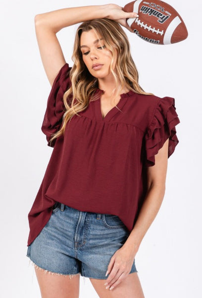 Ruffle Sleeve Game Day Top Maroon