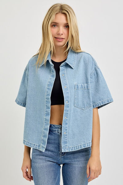 RISEN Denim Short Sleeve Button Down Top
