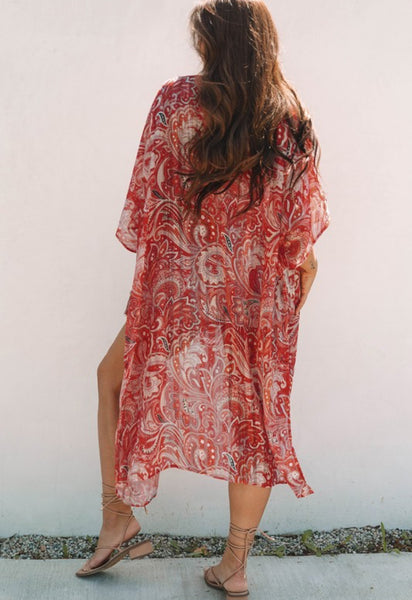 Boho Print Cardigan Duster Kimono Rust