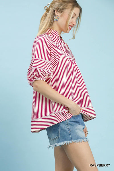 UMGEE Striped Puff Sleeve Top Raspberry