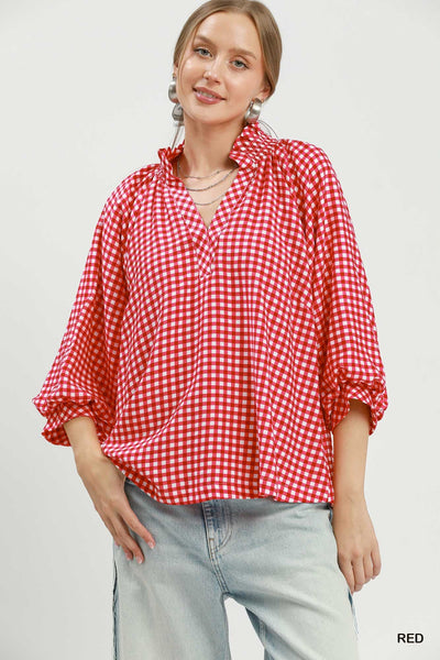 UMGEE Gingham Check Puff Sleeve Top