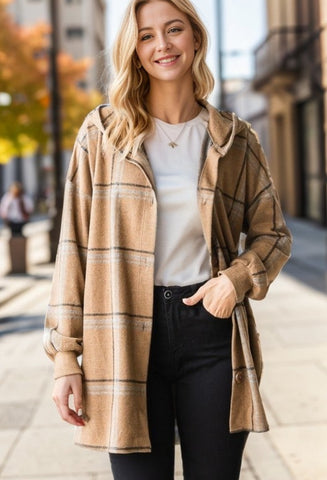 Khaki Plaid Hooded Button Down Cardigan